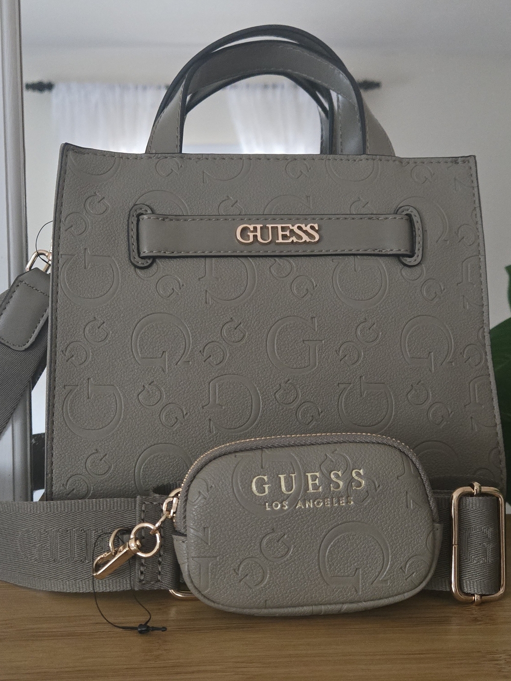 GUESS Olive Gray Embossed Satchel with Matching Strap Pouch
